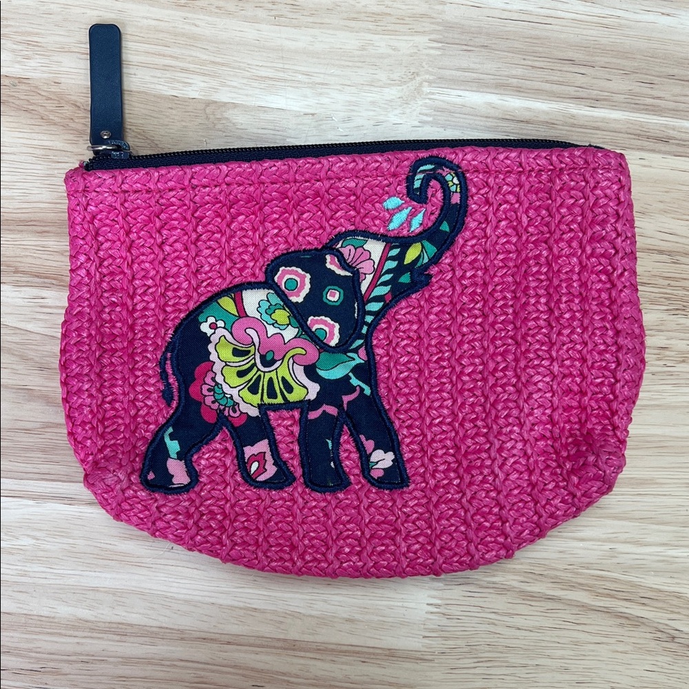 Vera Bradley Pink Woven Cosmetic Pouch with Floral Elephant Applique